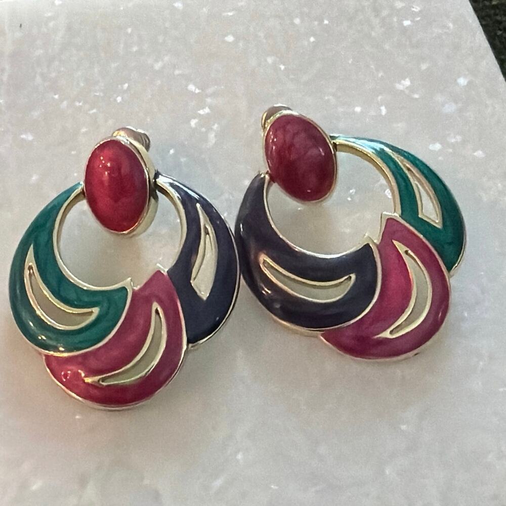 Vintage 1980s Enamel Earrings Gold Tone Finish Retro Jewelry